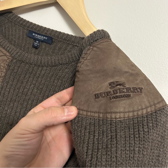 90s Vintage Burberry London Women’s Pullover Wool Leather Knit Sweater Medium - Picture 4 of 5